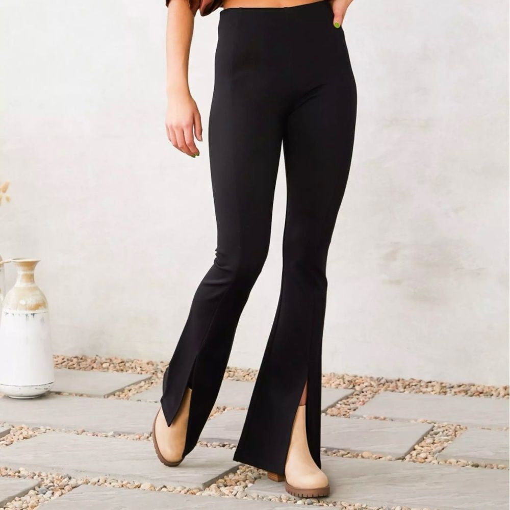 Girls Juniors Black Front Split Stretch Pull-On Flare Pants Size L (12-14) |